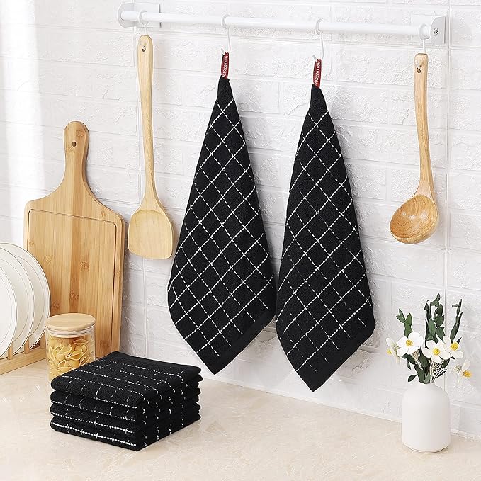 Homaxy 100% Cotton Terry Kitchen Dish Cloths, Ultra Soft and Absorbent Dish Towels for Kitchen, Suitable for Drying and Washing Dishes, 12 Pack, 12 x 12 Inches, Black