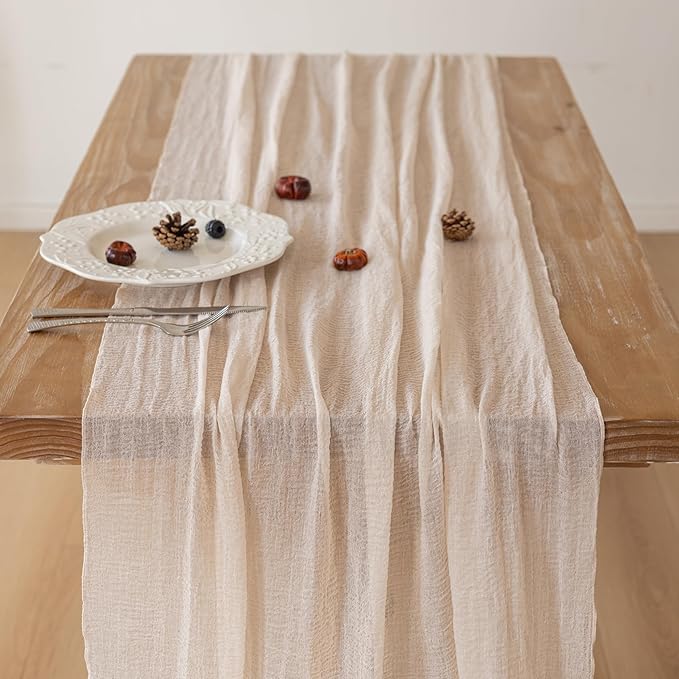 3Pcs Beige Gauze Rustic Cheesecloth Table Runner 120 Inch 10 FT for Wedding Baby Shower Bridal Shower Birthday Engagement Garden Outdoor Party Long Sheer Boho Decorations