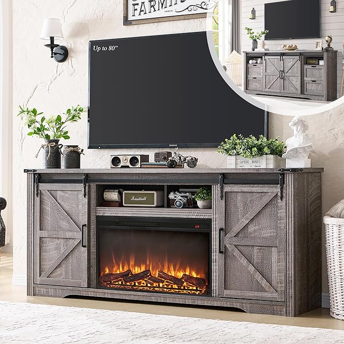 JXQTLINGMU Farmhouse Fireplace TV Stand for 80 Inch TV, 32" Tall Entertainment Center w/Drawer & Sliding Barn Door, 70 Inch Highboy Media Console for Living Room, Grey Wash