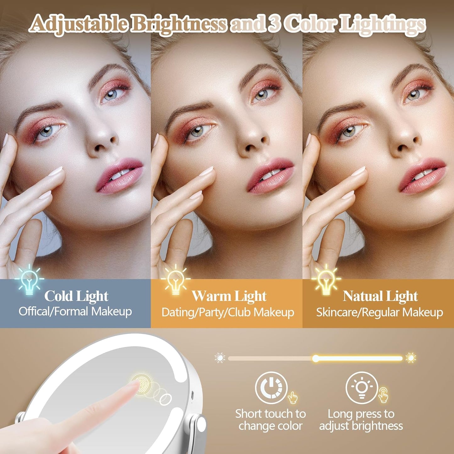 Makeup Mirror with Lights, Double Sided 1x/20x Magnifying Mirror with Light, Rechargeable 3 Color Lights Adjustable Brightness, 360° Rotation Detachable Comes with Tweezer(Silver)