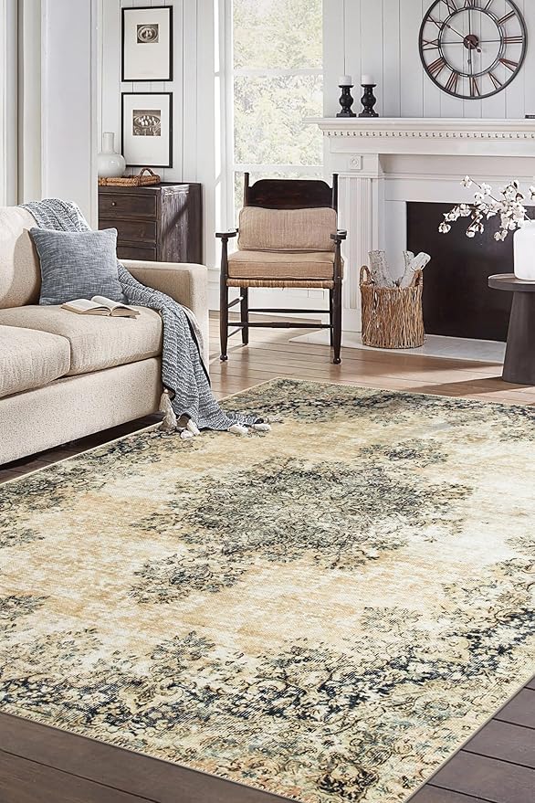 Keen Home Design 8x10 Rug - Machine Washable Area Rug with Non-Slip Backing, Ideal for Living Room, Dining Room, Bedroom - Vintage, Easy Clean, Durable, Low Pile - (8' x 10')