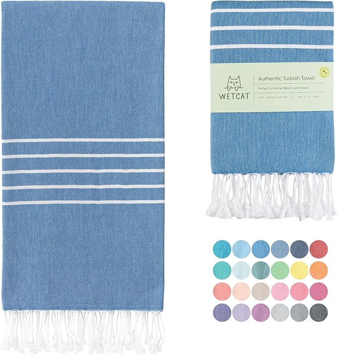 WETCAT Turkish Beach Towel Oversized (38"x71") 100% Turkish Cotton, Made in Turkey - Sand Free, Extra Large, Ultra Soft, Quick Drying, Compact & Lightweight for Travel - Royal Blue