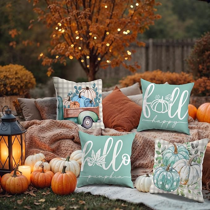 JioJio Chan Fall Pillow Covers 18x18, Set of 4 Thanksgiving Pumpkin Throw Pillows Covers for Sofa Couch, Fall Plaid Farmhouse Decoration for Living Room Bedroom Indoor Outdoor Home Autumn Decor