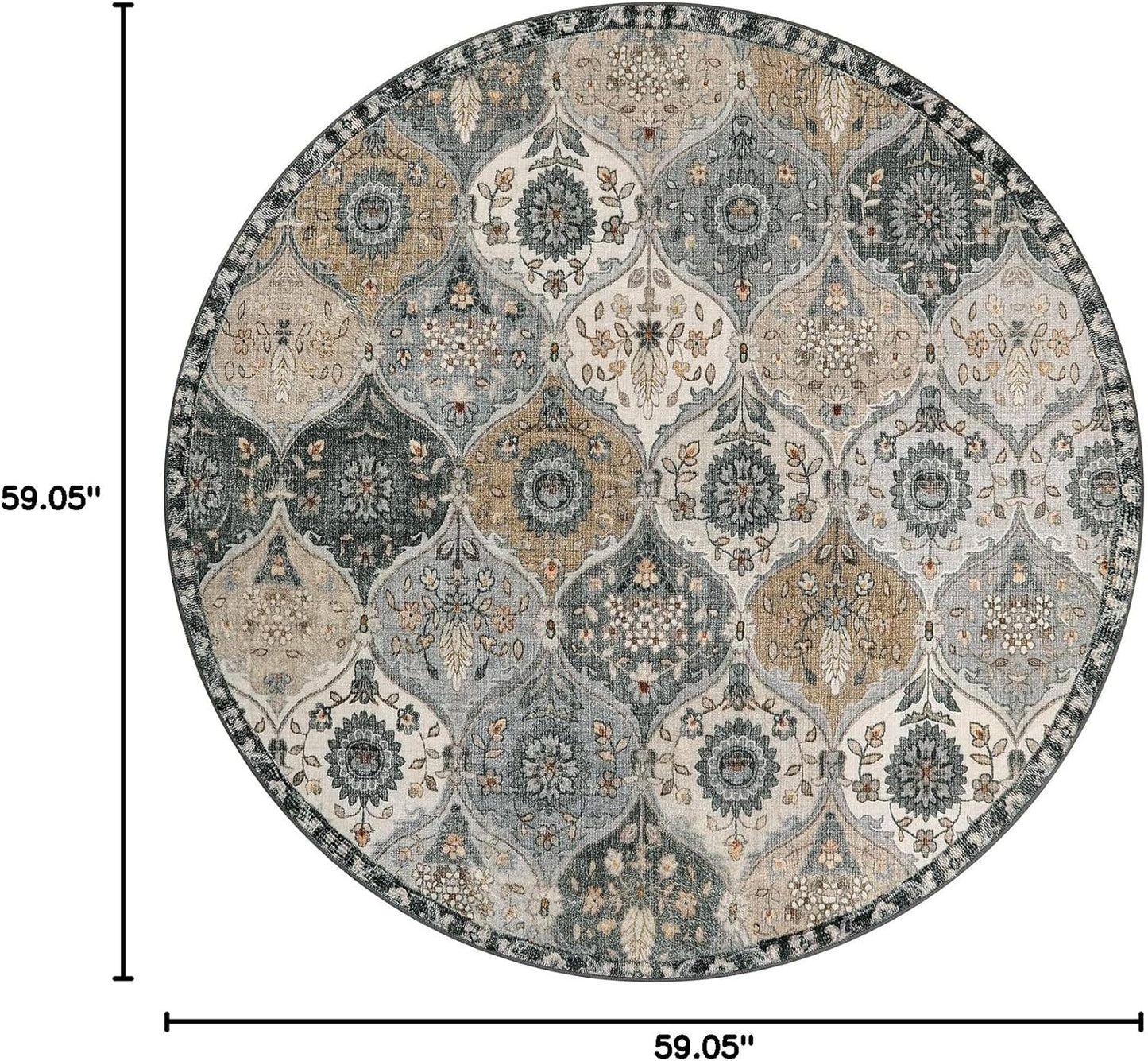 Lahome Moroccan Trellis Washable Circle Rug, Round Rug 5ft Soft Non-Slip, Non-Shedding Distressed Round Carpet for Bedroom Living Room Bathroom Nursery Kitchen, Grey