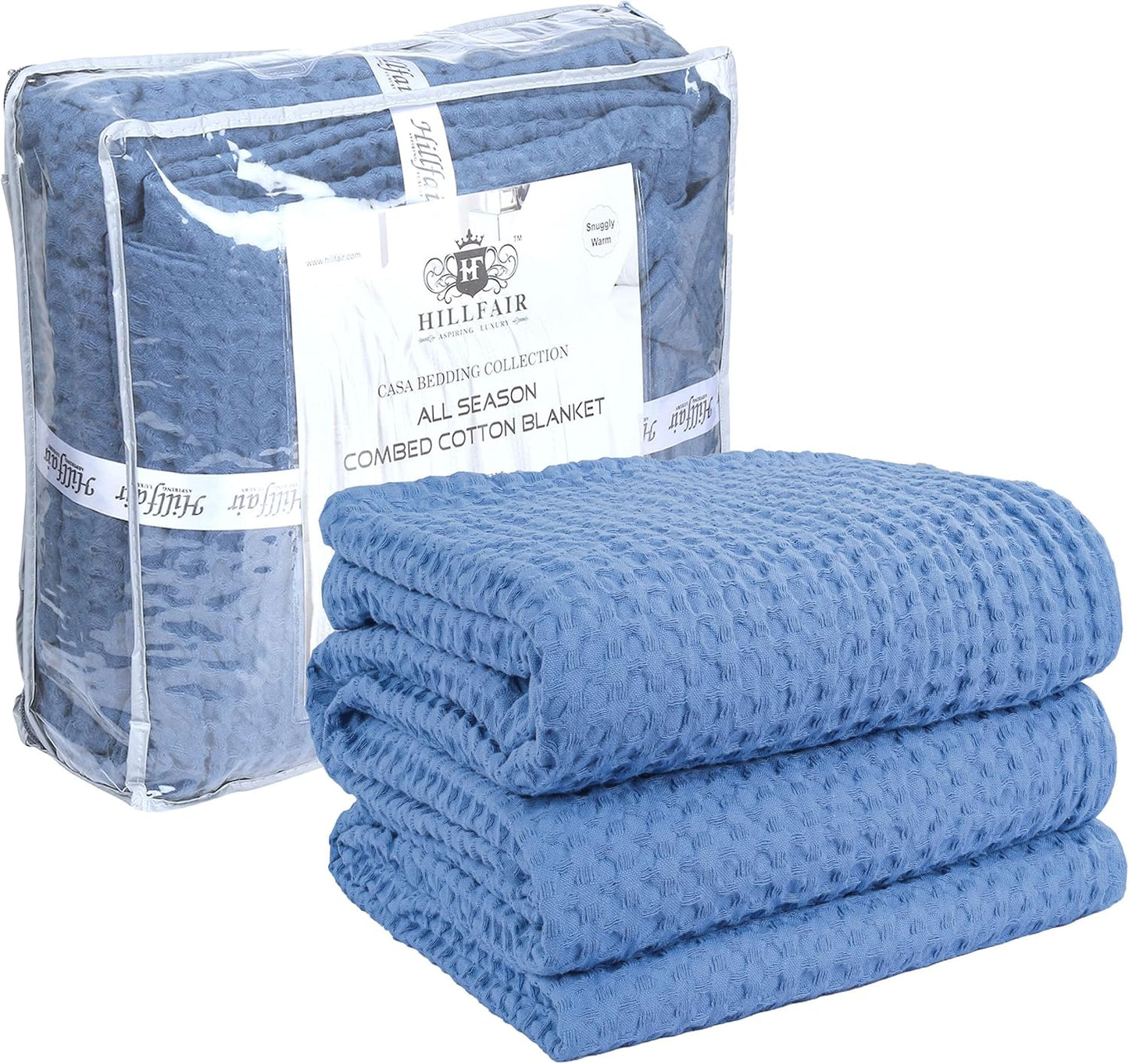 HILLFAIR 100% Cotton Blanket- 120"x120" XXL Oversized King Bed Blankets- Family Size 10 ft x 10 ft Big- Waffle Blankets- All Season Soft Breathable- Extra Large King Cotton Blanket for Bed- Sky Blue