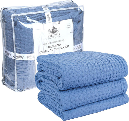 HILLFAIR 100% Cotton Blanket- 120"x120" XXL Oversized King Bed Blankets- Family Size 10 ft x 10 ft Big- Waffle Blankets- All Season Soft Breathable- Extra Large King Cotton Blanket for Bed- Sky Blue