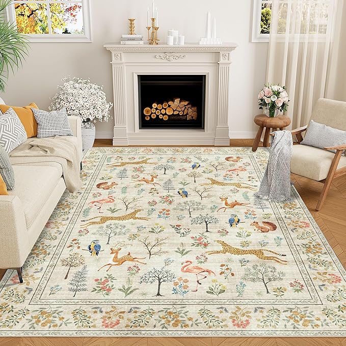 DUKINO 5x7 Rug, Washable Animal Living Room Rug with Non Slip Vintage Design, Soft Low Pile Large Carpet for Bedroom, Nursery, Dining Room, Farmhouse, Playroom, White
