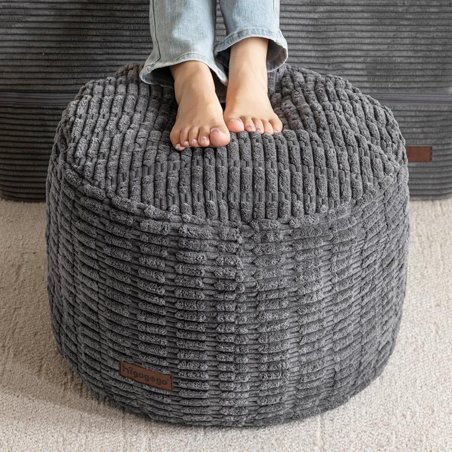 HIGOGOGO Pouf Ottoman Stuffed Round Modern Foam Filled Foot Rest Poufs for Living Room Chair Decorative 20 X 15 Inches Boho Relax Stool for Wedding Christmas Party, Dark Grey