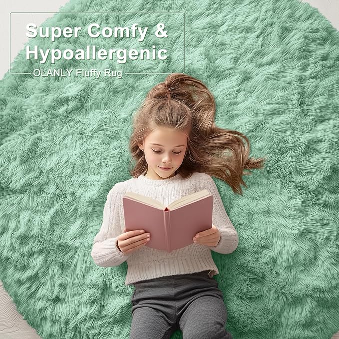 OLANLY Mint Green Round Rugs for Bedroom - Machine Washable, 7 ft Circle Area Rugs for Living Room, Soft and Fluffy Shaggy Carpet for Teen Girls and Boys, Nursery Rooms, Dorms, Home Decor Aesthetic