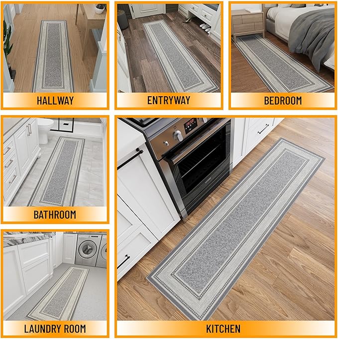 Ottomanson Hallway Runner Rug 1'10" x 7' Non Slip Border Area Rugs Easy to Clean Laundry Rug Runner Durable & Pet Friendly Floor Carpet Runners for Hallways Entryway Living Room Kitchen, Light Gray