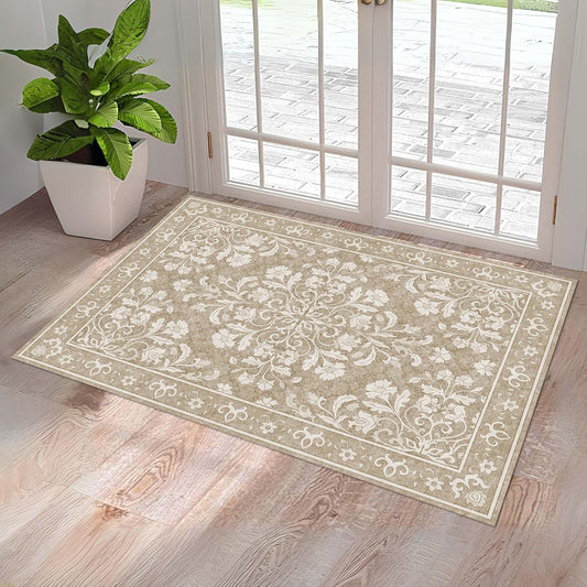Washable Entryway Rug 3x5 | Non Slip Rug Runners for Hallways, Entryways, Kitchens, Bathrooms, Bedrooms | Ultra-Soft Flannel Carpet Kitchen Rug with Rubber Backing (Sand, 3x5)