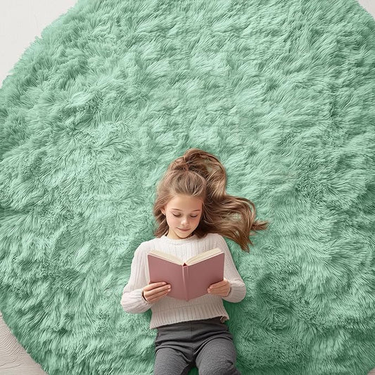 OLANLY Mint Green Round Rugs for Bedroom - Machine Washable, 7 ft Circle Area Rugs for Living Room, Soft and Fluffy Shaggy Carpet for Teen Girls and Boys, Nursery Rooms, Dorms, Home Decor Aesthetic