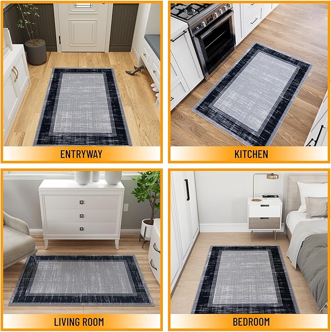 Ottomanson 3'3" x 5' Rugs for Living Room Border Area Rug for Bedroom - Non Slip Durable Large Floor Carpet for High Traffic Areas - Indoor Rug for Dining Room Kitchen Kids Playroom, Gray/Navy