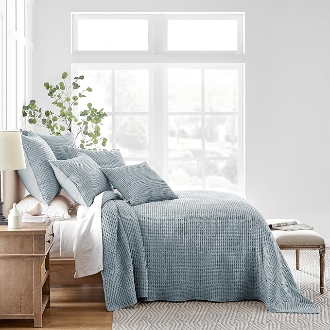 Levtex Home Mills Waffle Twin Bedspread Set (84x104in) with 1 Pillow Sham (26x20in) - Chambray - Cotton Waffle Twin Size Bedspread Set - Lightweight, Soft, Pre-Washed