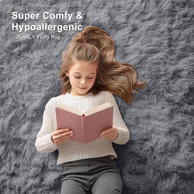 OLANLY 9x12 Machine Washable Large Area Rugs for Living Room, Bedroom, Soft Fluffy Shaggy Bedside Rug, Indoor Floor Carpet for Kids Girls and Boys, Dorms, Nursery, Home Decor Aesthetic, Grey