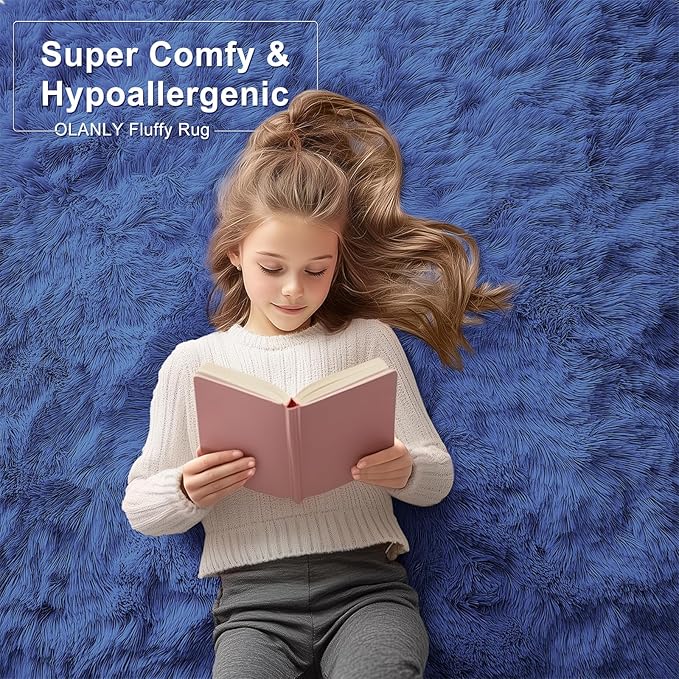 OLANLY 8x10 Machine Washable Large Area Rugs for Living Room, Bedroom, Soft Fluffy Shaggy Bedside Rug, Indoor Floor Carpet for Kids Girls and Boys, Dorms, Nursery, Home Decor Aesthetic, Navy Blue