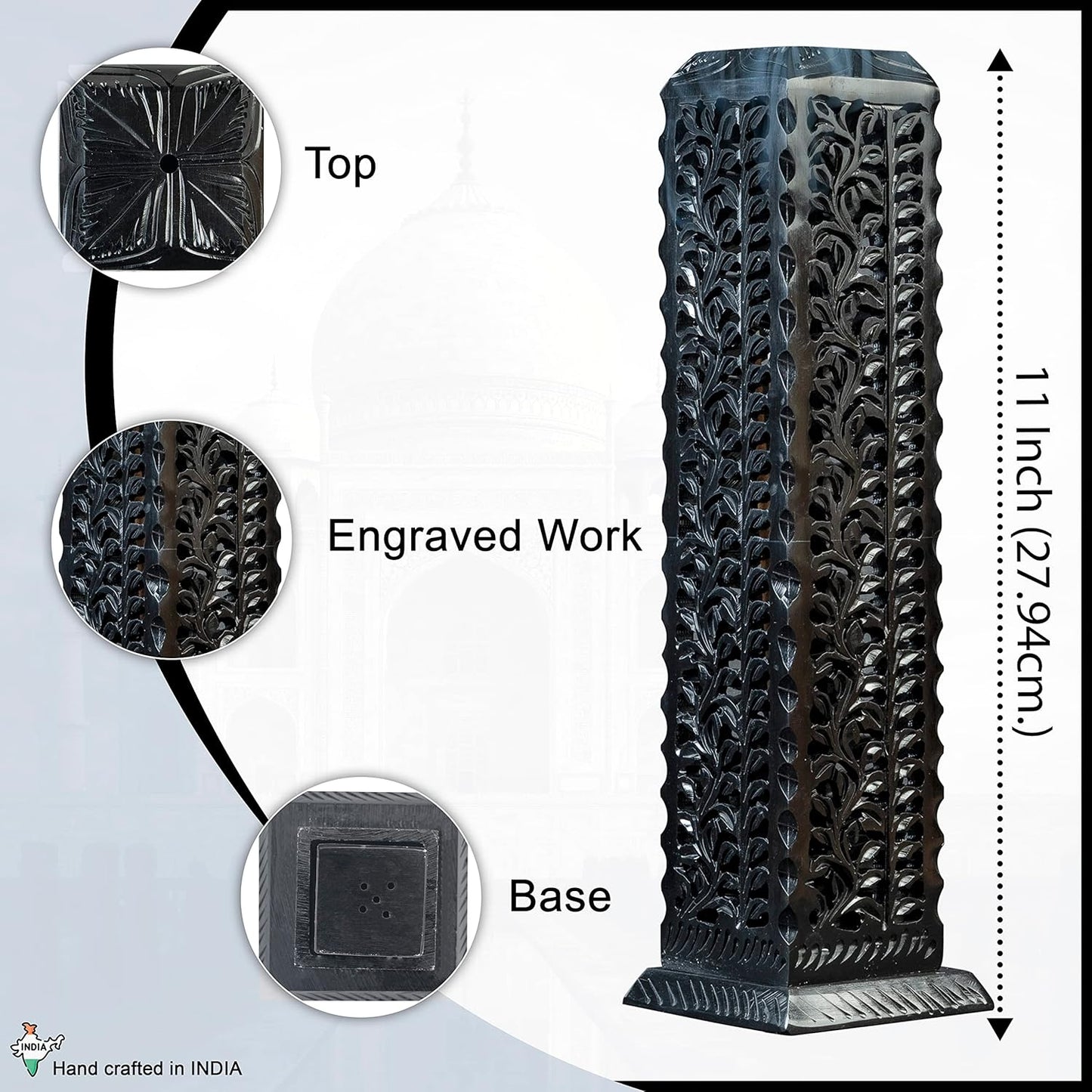 Crocon Handmade Black Marble Soapstone Incense Stick Burner Square Shape Leaf Design Tower Burner | Incense Cone & Candle Stick Holder | Decorative Home & Kitchen Best Gift Size LxWxH, 2.7x2.7x10 Inch