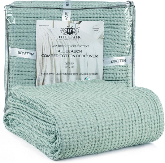 HILLFAIR 100% Combed Cotton Blanket– King Size Bed Blankets– Warm Soft All Season Breathable Lightweight Summer Waffle Weave Home Decor Bed Blanket- Sage King Bed Cotton Blankets/Bedcovers