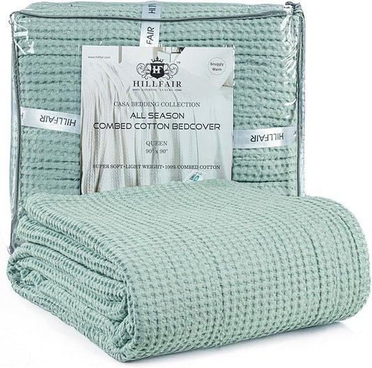 HILLFAIR 100% Combed Cotton Blanket– California King Size Bed Blankets Warm Soft All Season Breathable Lightweight Summer Waffle Weave Home Decor Blanket- Sage California King Cotton Blankets/Bedcover