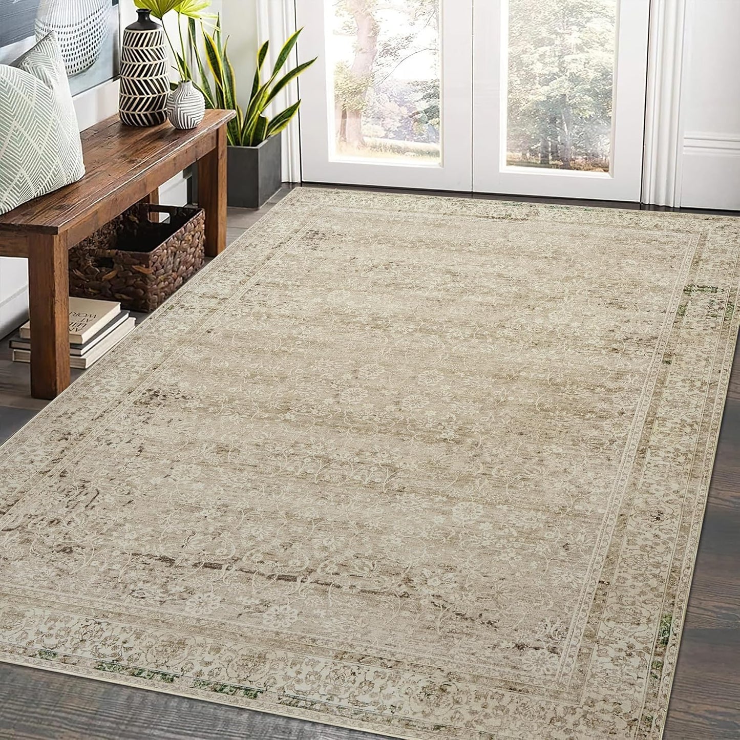 Cream and Light Tan Boho Front Door Mat for Indoor Entrance Washable Non Slip Cute Vintage Floral Aesthetic Area Rugs for Entryway Entry 4x6