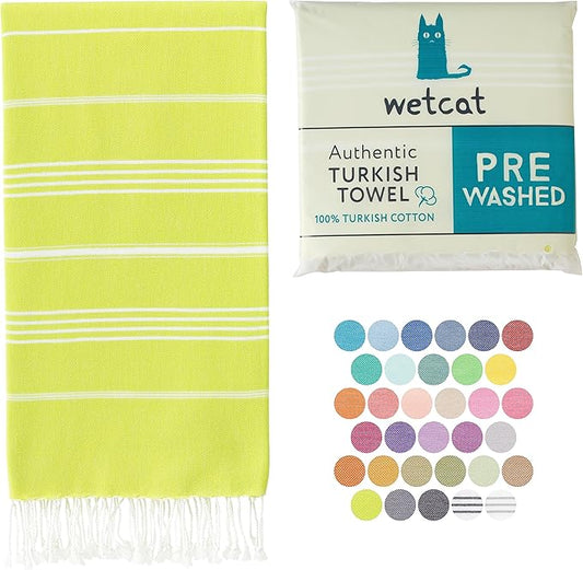 WETCAT Turkish Beach Towel Oversized (38"x71") 100% Turkish Cotton, Made in Turkey - Sand Free, Extra Large, Ultra Soft, Quick Drying, Compact & Lightweight for Travel - Citrus