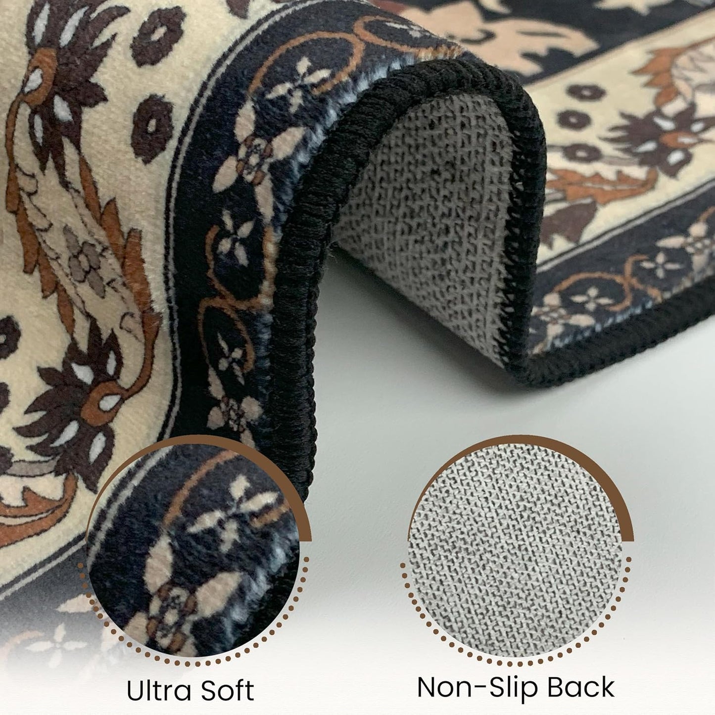 Washable Area Rug 5x8 | Non Slip Area Rug for Living Room, Bedrooms, Dining Room | Ultra-Soft Flannel Carpet Area with Rubber Backing (Black Brown Cream, 5x8)