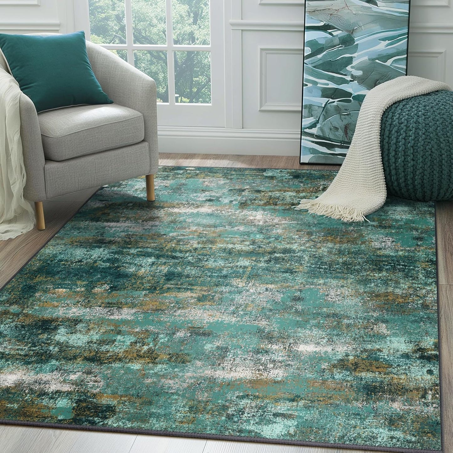 Machine Washable Rug 9x12 Area Rugs for Living Room Bedroom, Large Turquoise Abstract Area Rug Soft Throw Rugs, Low-Pile Floor Carpet with Non Slip Rubber Backing