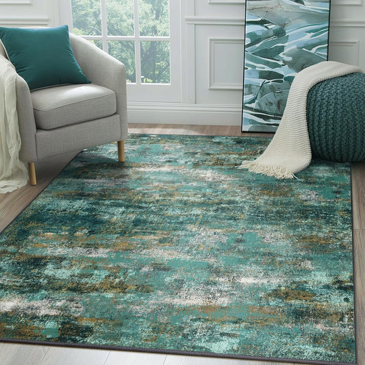 Machine Washable Rug 8x10 Area Rugs for Living Room Bedroom, Large Turquoise Abstract Area Rug Soft Throw Rugs, Low-Pile Floor Carpet with Non Slip Rubber Backing