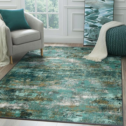 Machine Washable Rug 8x10 Area Rugs for Living Room Bedroom, Large Turquoise Abstract Area Rug Soft Throw Rugs, Low-Pile Floor Carpet with Non Slip Rubber Backing