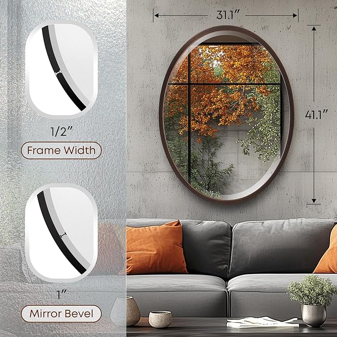 OVALCREST - Oval Wooden Beveled Wall Mirror for Home Decor, Bathroom, Vanity, Bedroom, Living Room, Hallway - London Style (Rubbed Bronze) 31.1 x 41.1