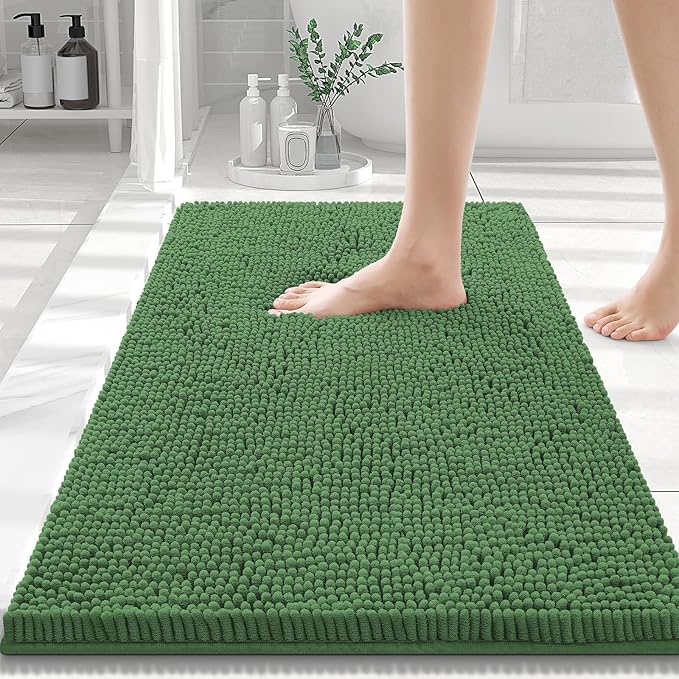 Smiry Luxury Chenille Bathroom Rugs 30x20, Extra Soft and Absorbent Shaggy Bath Mat, Machine Washable, Non-Slip Plush Carpet Runner for Tub, Shower, and Floor, Home Decor Accessories, Olive Green