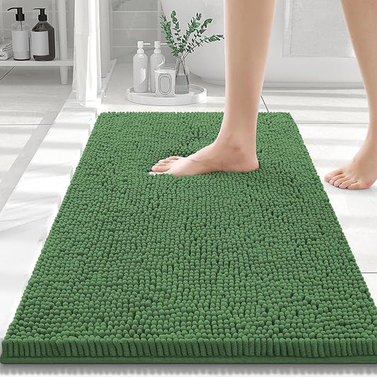 Smiry Luxury Chenille Bathroom Rugs 30x20, Extra Soft and Absorbent Shaggy Bath Mat, Machine Washable, Non-Slip Plush Carpet Runner for Tub, Shower, and Floor, Home Decor Accessories, Olive Green