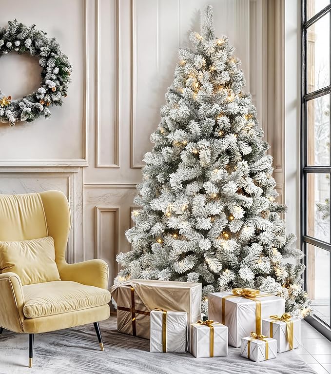 DWVO 6 ft Prelit Snow-Flocked Artificial Pine Christmas Tree, Full Xmas Tree with 250 Lights, 8 Lighting Modes, 1000 Tips, Foldable Base for Home and Party Decor with Remote Control