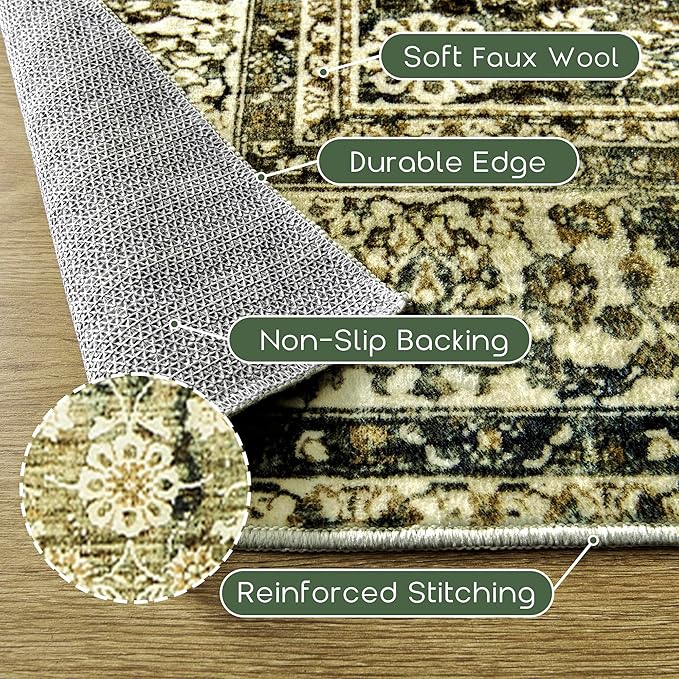 Vintage Design Floral Area Cream Rug Distressed Carpet Washable Non Slip Rug Kitchen Bedroom Dining Room 3x5 Cover Print,Tan Brown and Cream Beige