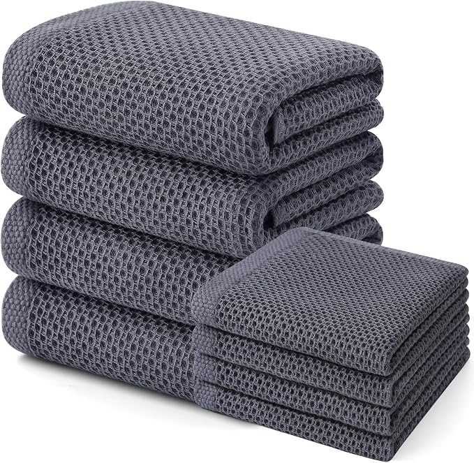 Homaxy 100% Cotton Kitchen Towels and Dishcloths Set, Large 12 x 12 Inches and 20 x 28 Inches, Set of 8 Bulk Kitchen Towels Set, Ultra Soft Absorbent Dish Cloths for Washing Dishes, Dark Grey