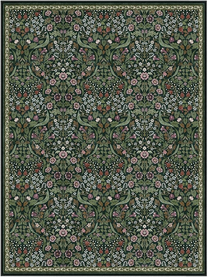 Lahome Floral Area Rugs 9x12 Living Room, Green Soft Bedroom Rugs Non Slip, Thin Dining Room Carpet, Non Shedding Print Carpets for Guestroom