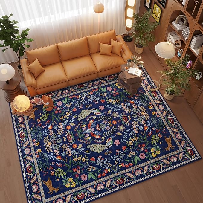 9x12 Area Rugs for Living Room Washable Rug Floral Non-Slip Large Rug for Living Room, Bedroom, Farmhouse, Dining Room, Kids Playroom (Blue)