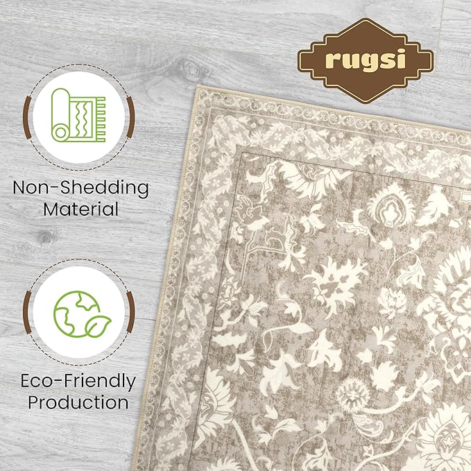 Washable Runner Rug 2x6 | Non Slip Rug Runners for Hallways, Entryways, Kitchens, Bathrooms, Bedrooms | Ultra-Soft Flannel Carpet Runners with Rubber Backing (Floral Sand, 2x6)