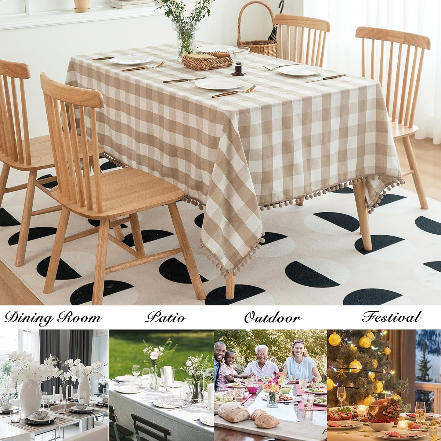 Jubilantex Farmhouse Pompom Checkered Rectangle Linen Tablecloth Buffalo Plaid Table Cover with Tassel for Kitchen Restaurant Home Decor, 60 x 120 inch Oblong Table Cover, Beige and White