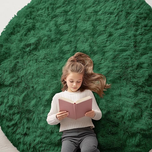 OLANLY Dark Green Round Rugs for Bedroom - Machine Washable, 6 ft Circle Area Rugs for Living Room, Soft and Fluffy Shaggy Carpet for Teen Girls and Boys, Nursery Rooms, Dorms, Home Decor Aesthetic