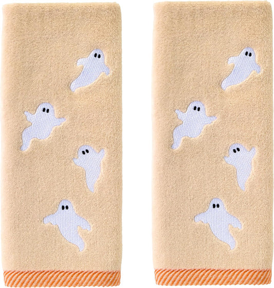 SKL Home Halloween Tossed Ghosts 100% Cotton Embroidered 2pc Hand Towel Set, Decorative for Bath/Kitchen/Bar & Gift, Taupe