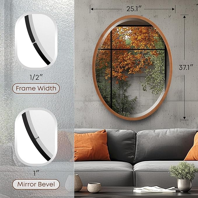 OVALCREST - Oval Wooden Beveled Wall Mirror for Home Decor, Bathroom, Vanity, Bedroom, Living Room, Hallway - London Style (Sunset Gold) 25.1 x 37.1