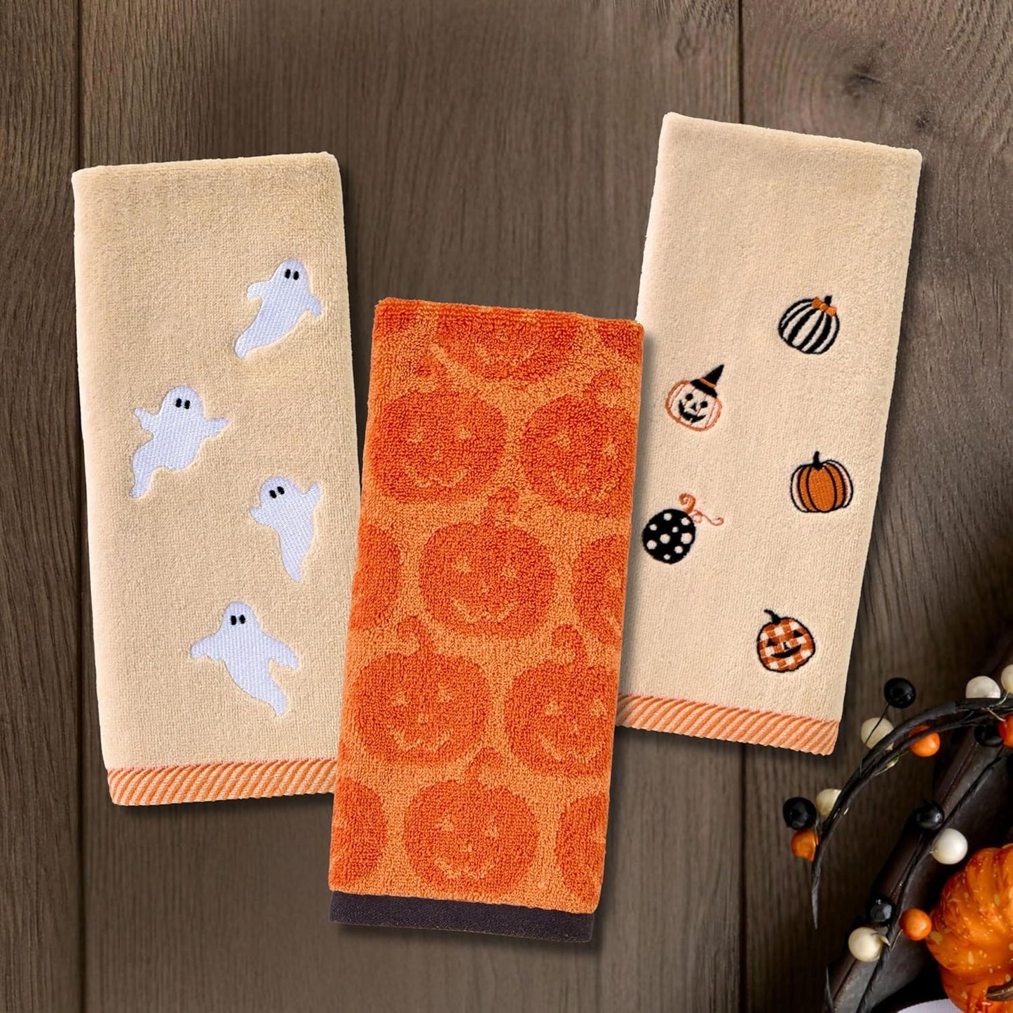 SKL Home Halloween Jack-O-Lantern 100% Cotton Jacquard 2pc Hand Towel Set, Reversible, Soft & Absorbent, Decorative for Bath/Kitchen/Bar & Gift, Orange