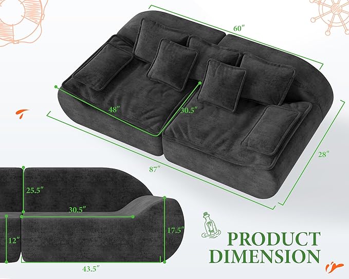 Hobestluk Sectional Sofa Couches 3-Seater Modular Sofa, 87'' Comfy Loveseat with Throw, Deep Seat Small Sofa for Compact Space, Memory Foam Sectional Couches for Living Room, Office, Apartment