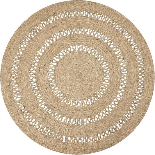 REDEARTH · Round Area Rug - 6 Feet Braided Scalloped Earthy Trails Jute Rug- Artisan Made Boho Jute Patterned Rugs for Bedroom, Kitchen, Living Room, Farmhouse, Aesthetic, Handmade Vintage Décor