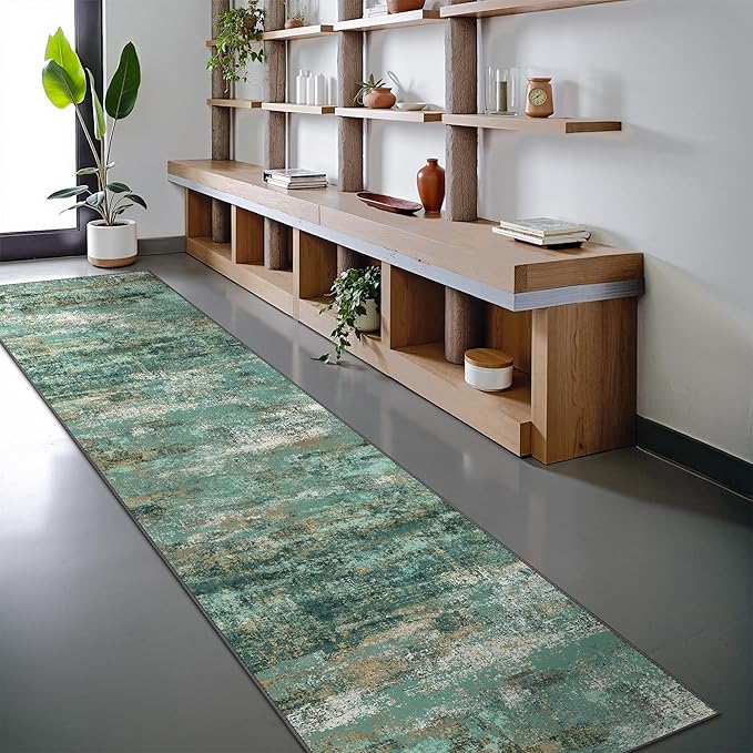 Runner Rug for Hallway Kitchen, 2x10 Machine Washable Runners Rug for Entryway, Soft Modern Abstract Throw Rugs, Low Pile Floor Cover with Non Slip Backing, Turquoise
