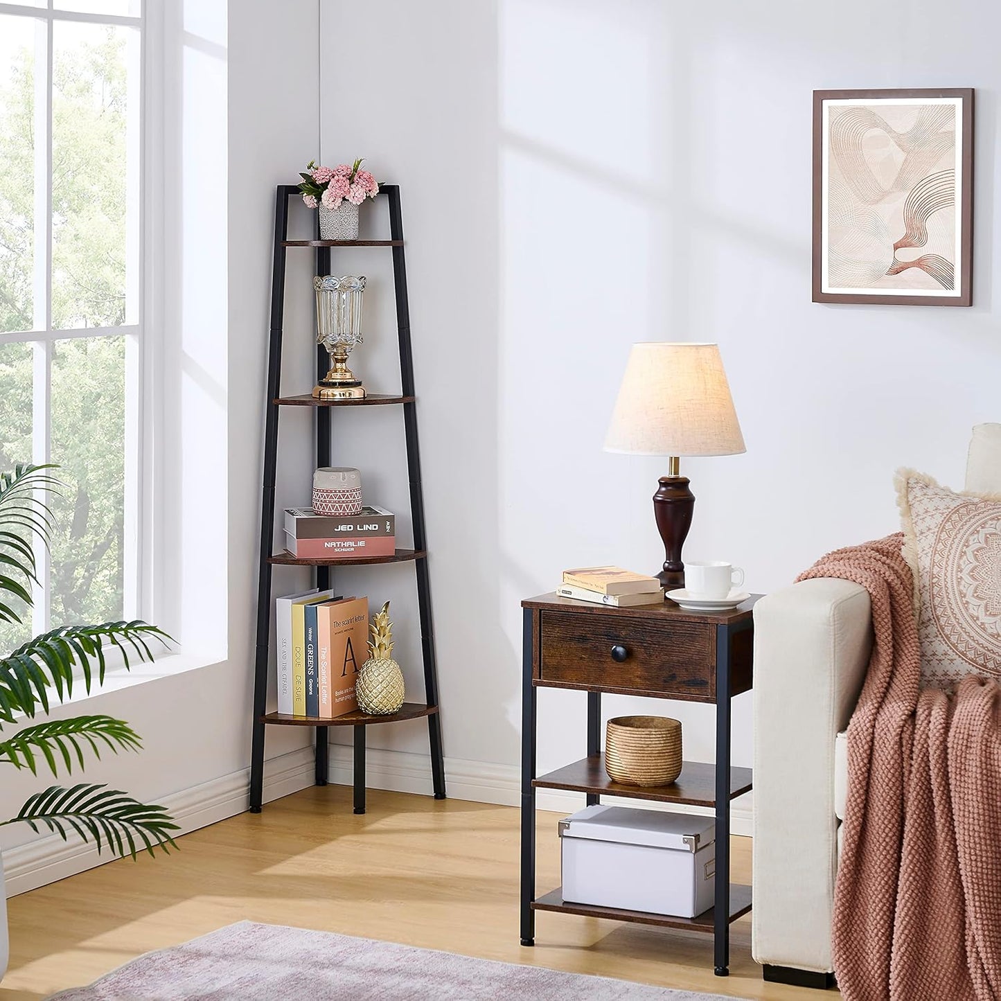 Hoctieon Corner Shelf, 4-Tier Corner Bookshelf, Rustic Ladder Shelf, Industrial Display Stand for Living Room, Kitchen, Home Office, Balcony, Small Space, Metal Frame, Rustic Brown