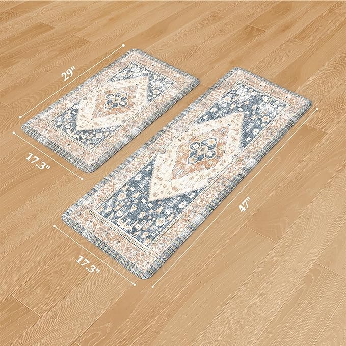 KIMODE Kitchen Rugs and Mats 2PCS Cushioned Anti Fatigue Kitchen Mat Non-Skid Waterproof Kitchen Runner Rug for Kitchen Decor,Floors,Office,Laundry,Blue and Gold
