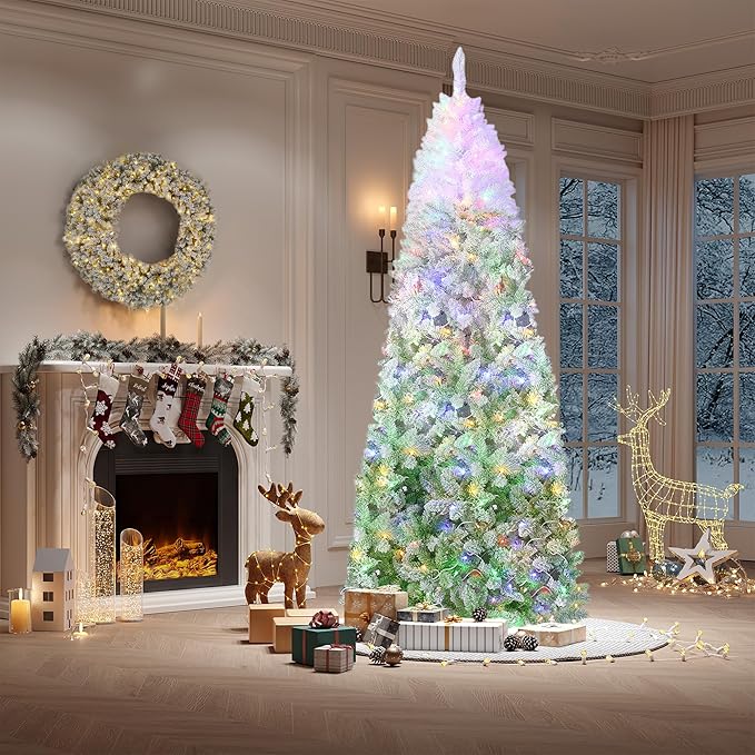 GarveeHome 7.5ft Snow Flocked Pencil Christmas Tree, Slim Artificial Christmas Tree with Sturdy Metal Stand, Skinny Xmas Tree Holiday Decoration for Home, Office, Green Gradient