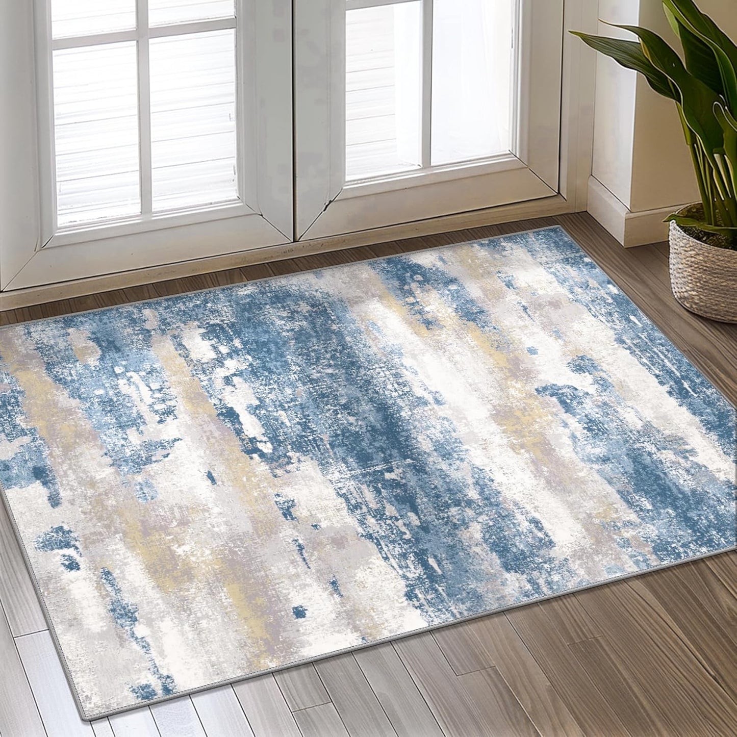 2x3 Rugs for Entryway Entrance Kitchen Bathroom, Machine Washable Modern Abstract Soft Area Rug, Indoor Floor Carpet with Non Slip Rubber Backing, Blue Cream